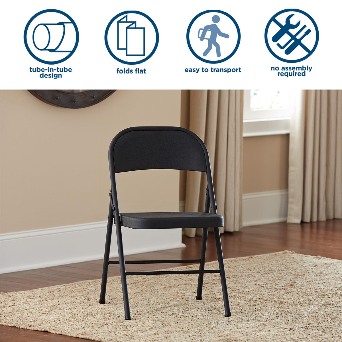 Mainstays Steel Folding Chair, Black, Set of 4