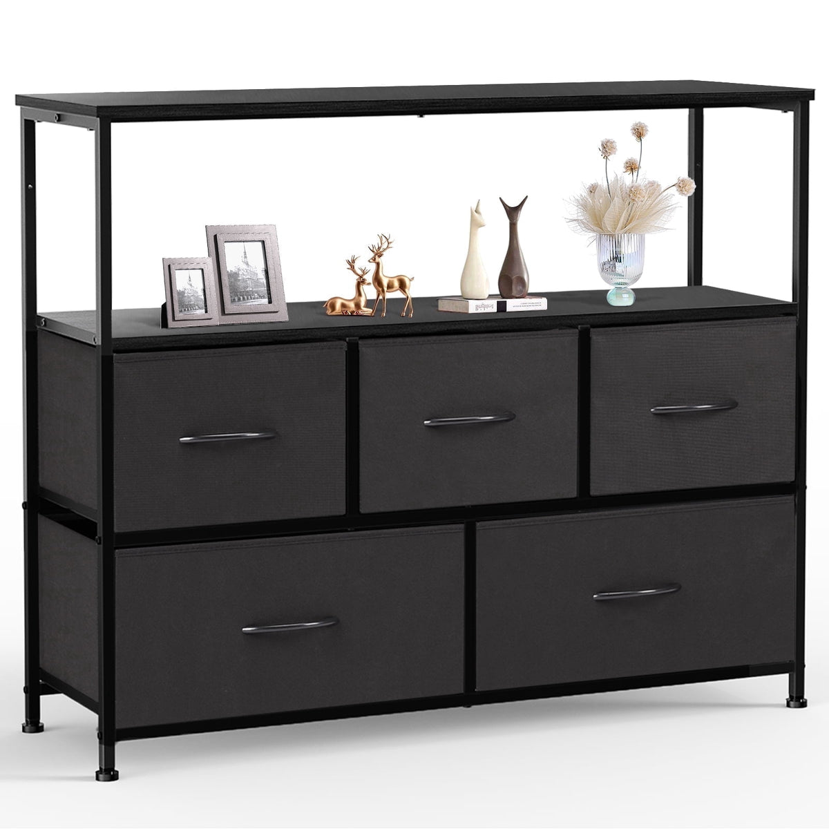 CONCETTA TV Stand Dresser with 5 Fabric Drawers and Open Shelving, Multi-functional Storage Unit Fits TV up to 45 inches for Bedroom Living Room Hallway, Black