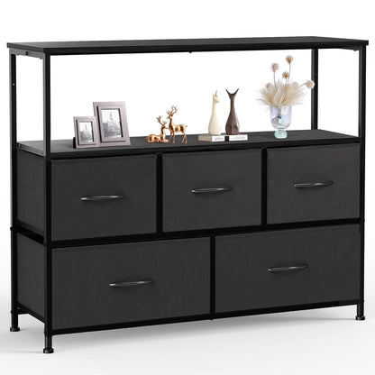 CONCETTA TV Stand Dresser with 5 Fabric Drawers and Open Shelving, Multi-functional Storage Unit Fits TV up to 45 inches for Bedroom Living Room Hallway, Black