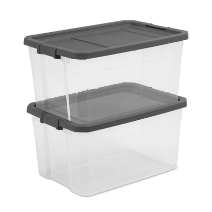 (2 pack) Sterilite 76 Quart Stacker Storage Bin, Clear Plastic Storage Container with Latch Lid, Durable, Dark Gray