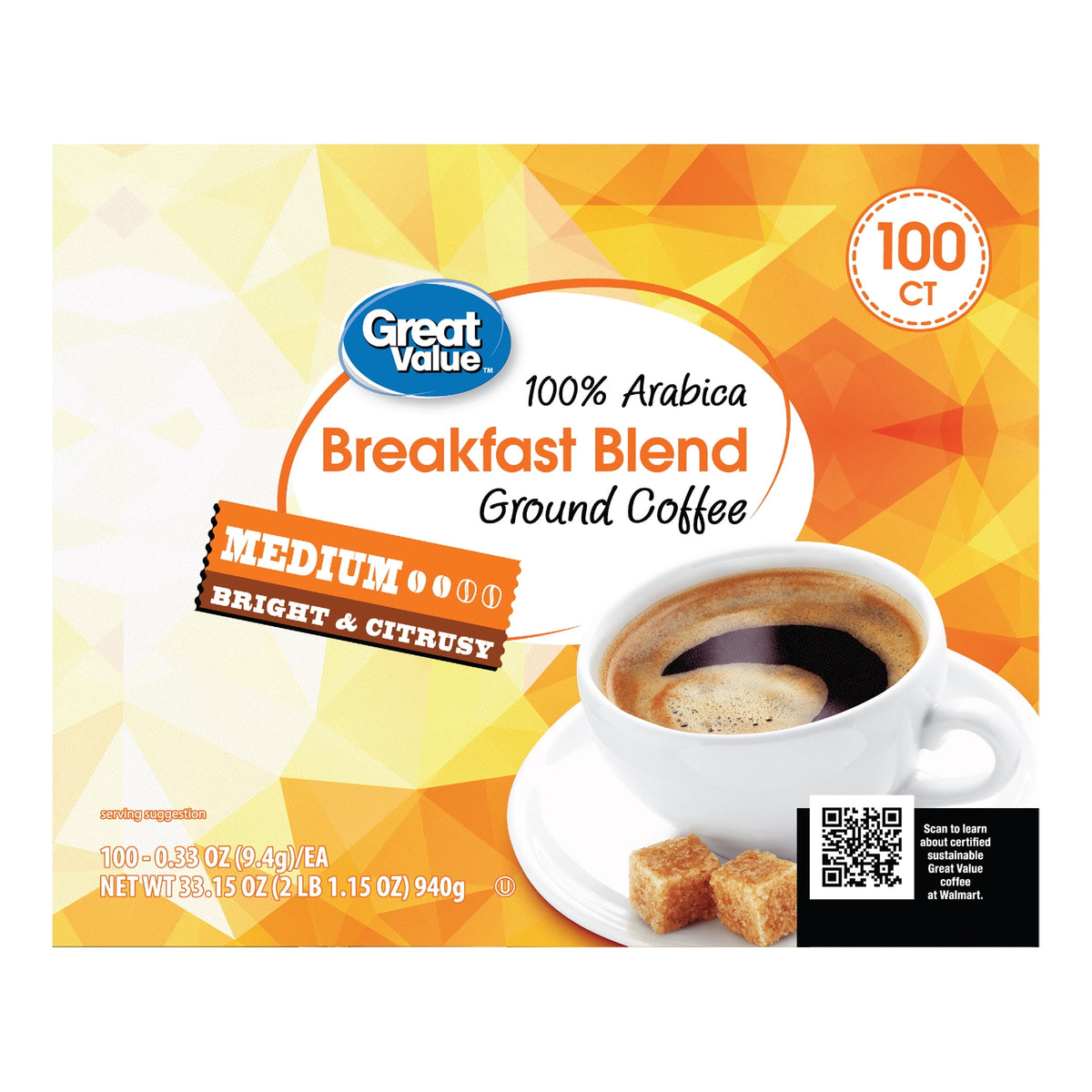Great Value 100% Arabica Breakfast Blend Medium Roast Ground Coffee Pods, 33.1 oz, 100 Count