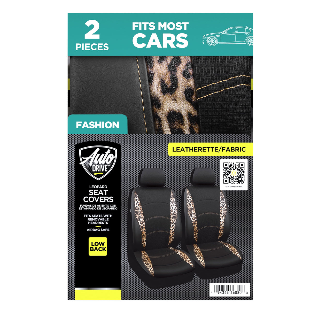 Auto Drive Leopard Leatherette & Black Waffle Fabric Front Car Seat Cover, Universal Fit for Cars Trucks and Suvs,2 pack