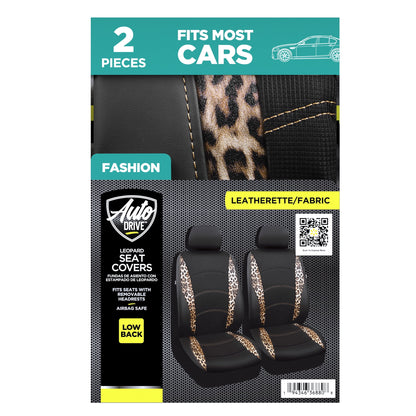 Auto Drive Leopard Leatherette & Black Waffle Fabric Front Car Seat Cover, Universal Fit for Cars Trucks and Suvs,2 pack