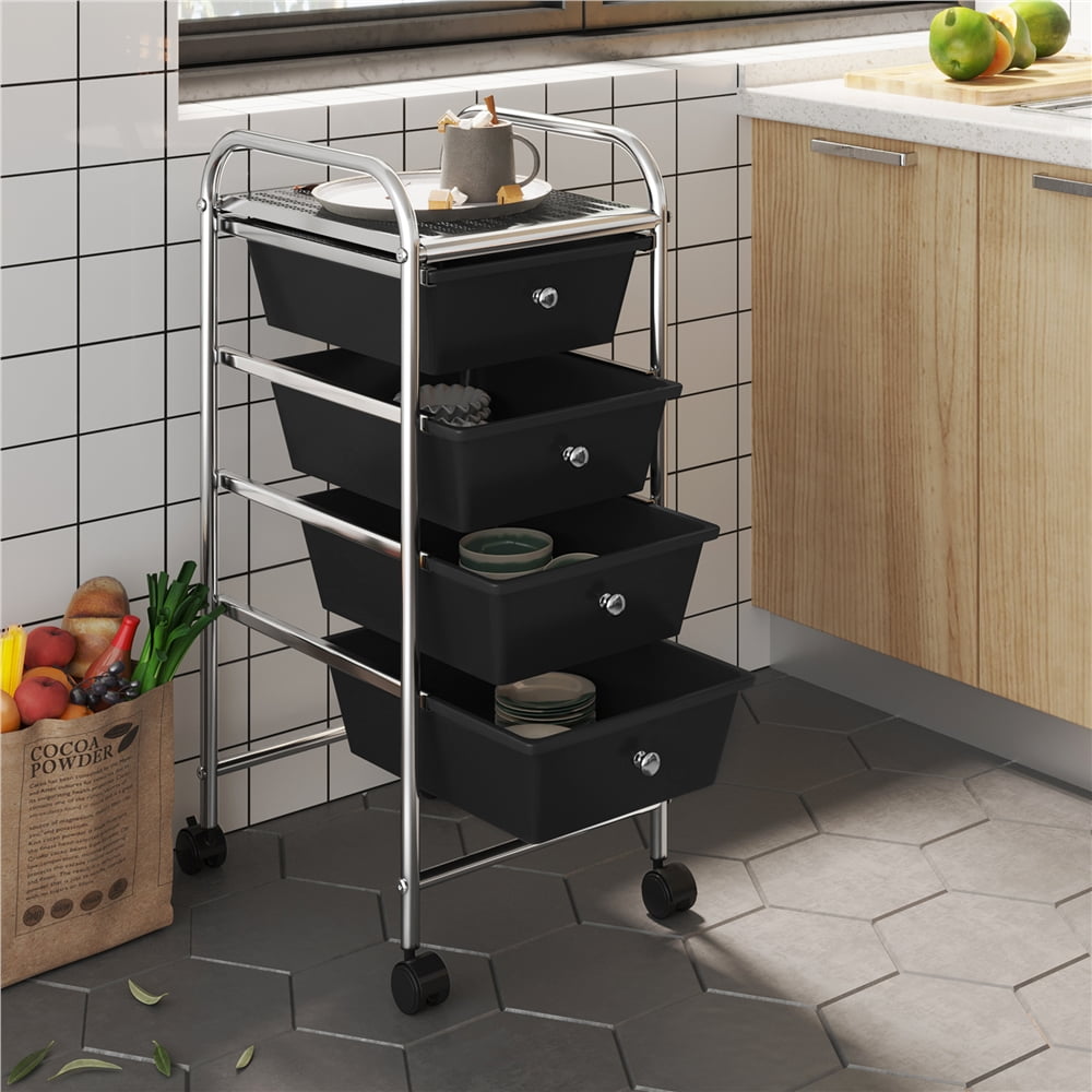 Renwick Rolling Trolley Storage Cart Bin with 4 Plastic Drawers on Wheels, Black
