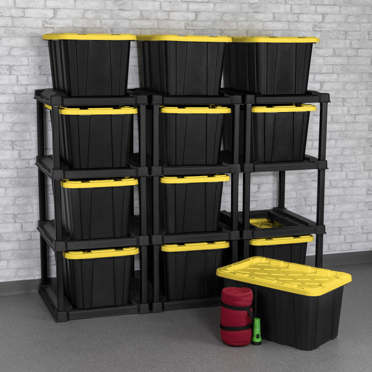 4 Tier Tote Rack, Holds Four 27 Gallon Industrial Storage Totes, Heavy Duty Plastic Garage Storage Organizer, Vertical Easy-Access No-Stacking Design, Black