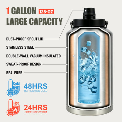 Ozark Trail 1 Gallon 128 Oz Stainless Steel Vacuum Insulated Water Jug with Handle, Flip Spout, Silver