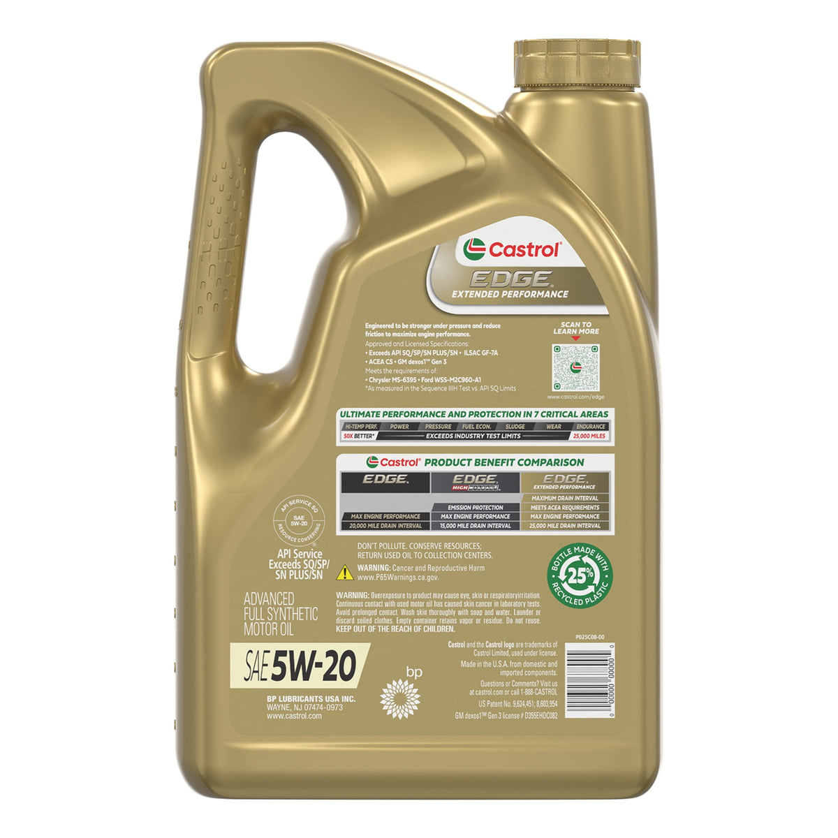 Castrol EDGE Extended Performance 5W-20 Advanced Full Synthetic Motor Oil, 5 Quarts