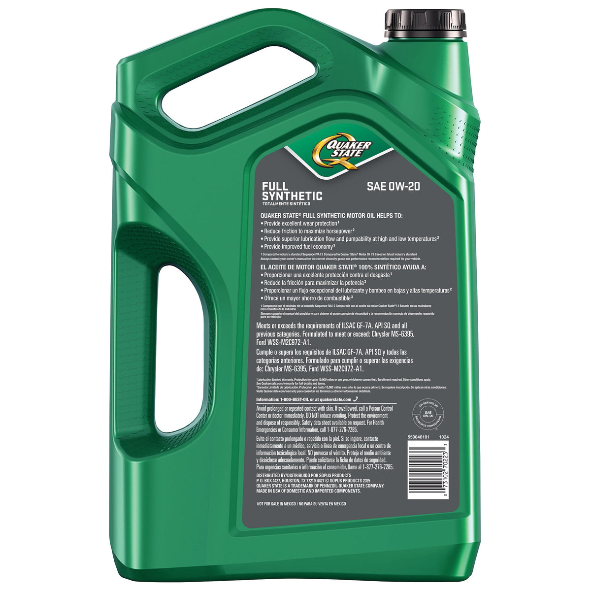 (2 pack) Quaker State Full Synthetic 0W-20 Motor Oil, 5-Quart