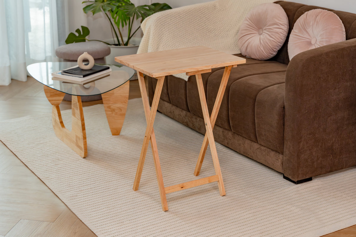 Mainstays 5-Piece Solid Rubberwood Folding TV Tray Set with Storage Rack, Natural