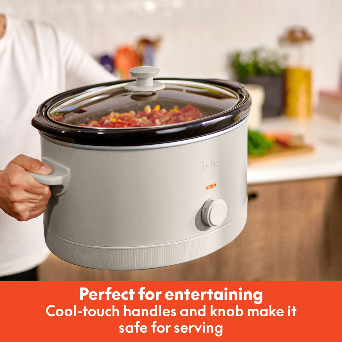 bella 6 Qt Manual Slow Cooker with 3 Temperature Settings, Ceramic Nonstick Coating, Dishwasher Safe Stoneware Pot & Tempered Glass Lid, Oatmilk
