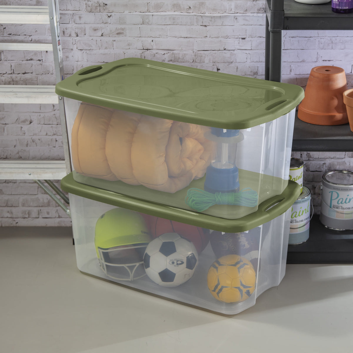 Sterilite Extra Large EZ Carry Storage Bin, 120 Quart Clear Plastic Storage Container with Full-Grip Handles, Green, 4 Pack